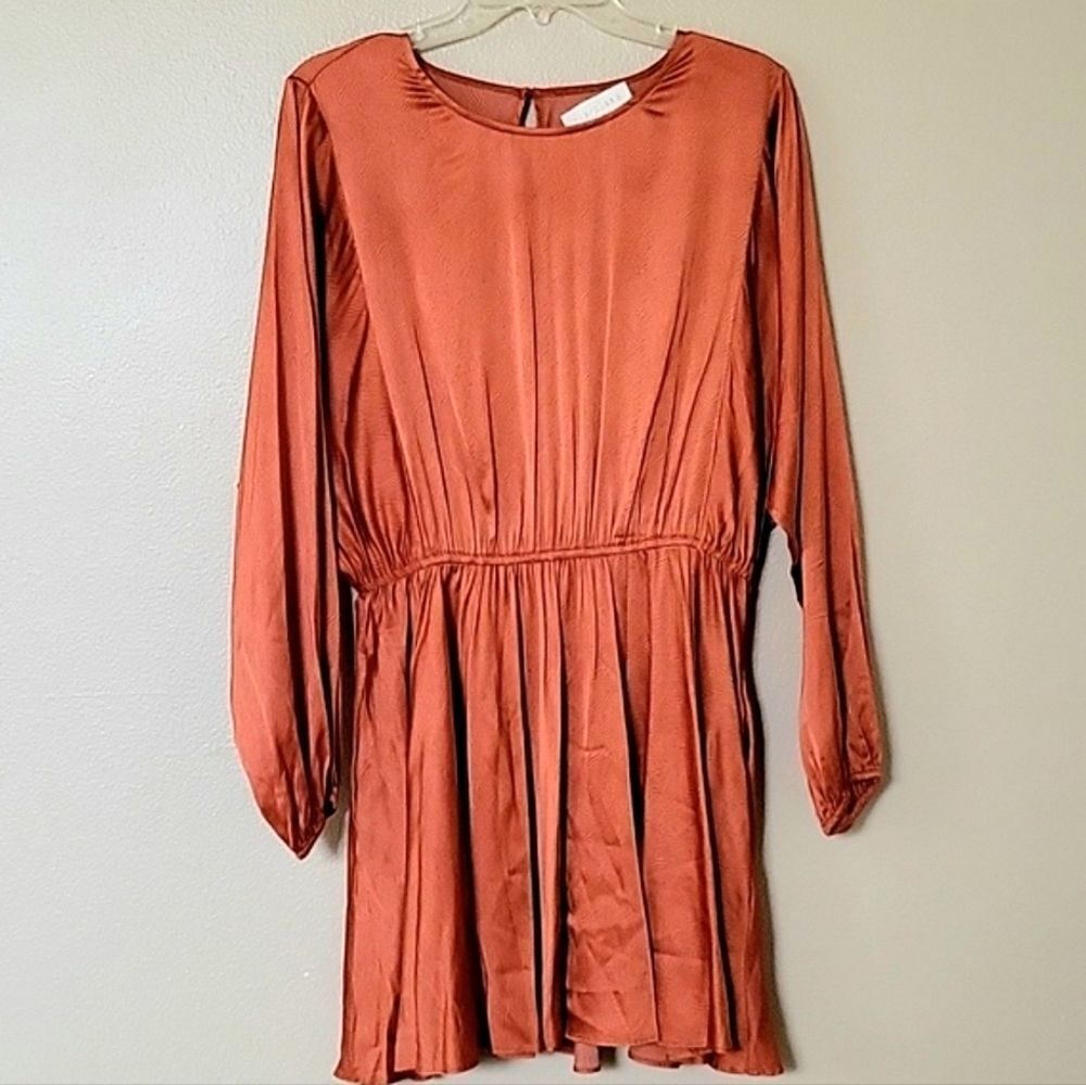 Caballero Anthropologie Orange Rust Boho Long Sleeve Satin Mini Dress - Size M